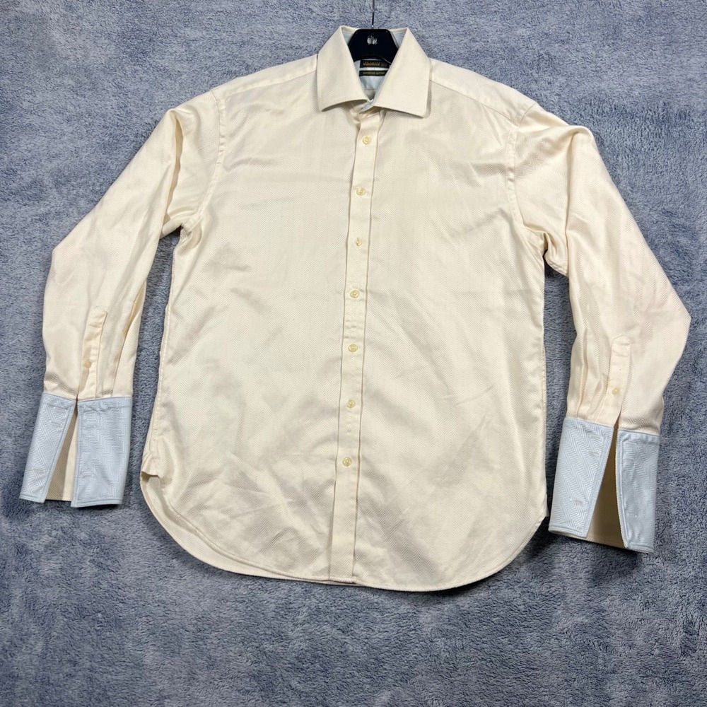 Ted Baker Mens 17 Cream Dress Shirt Endurance Herringbone Contrast Cuff